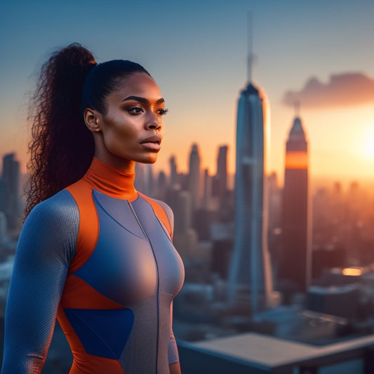 A fit athlete in a sleek, high-tech outfit, surrounded by fitness gear, stands confidently in front of a cityscape at sunrise, with a subtle gradient of blue to orange hues.