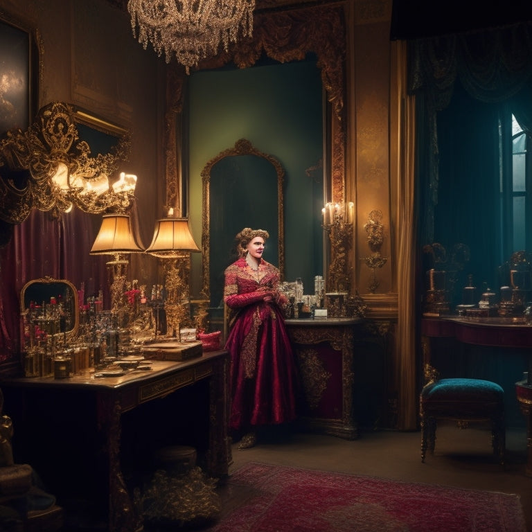A dimly lit, ornate theater dressing room with a vanity cluttered with makeup brushes, paints, and prosthetics, surrounded by dramatic costumes and a spotlight shining down on a half-made-up actor's face.