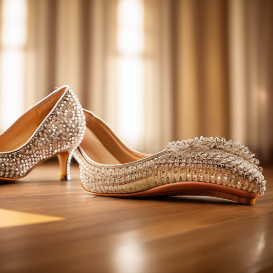 A close-up of elegant waltz shoes resting on a polished wooden dance floor, shimmering under soft spotlight. The shoes, adorned with delicate rhinestones, reflect the elegance of a dance competition setting, evoking grace and excitement.