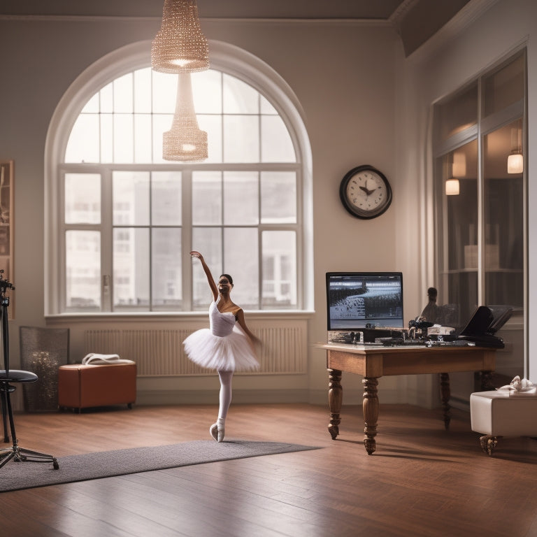 A serene, well-lit dance studio with a laptop and ballet barre, surrounded by scattered dance shoes and a clock in the background with blurred, moving dancers.