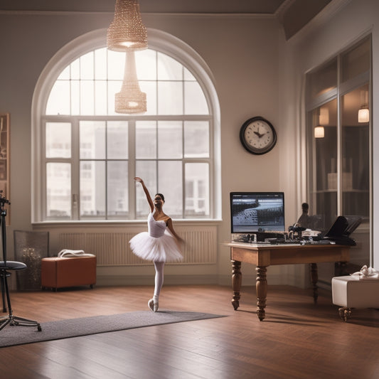 A serene, well-lit dance studio with a laptop and ballet barre, surrounded by scattered dance shoes and a clock in the background with blurred, moving dancers.