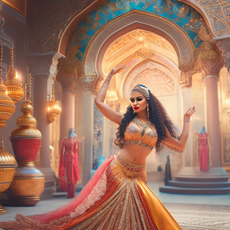 A whimsical illustration featuring a belly dancer in a sparkling costume, surrounded by intricately designed templates and music notes, with a subtle background of Arabic architecture and golden accents.