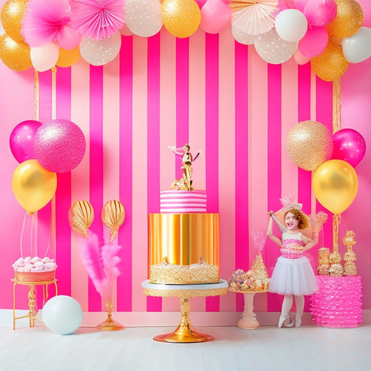 A whimsical illustration of a pink and white striped party backdrop with a large, golden pinup board displaying a ballerina silhouette, surrounded by colorful balloons and tutus.