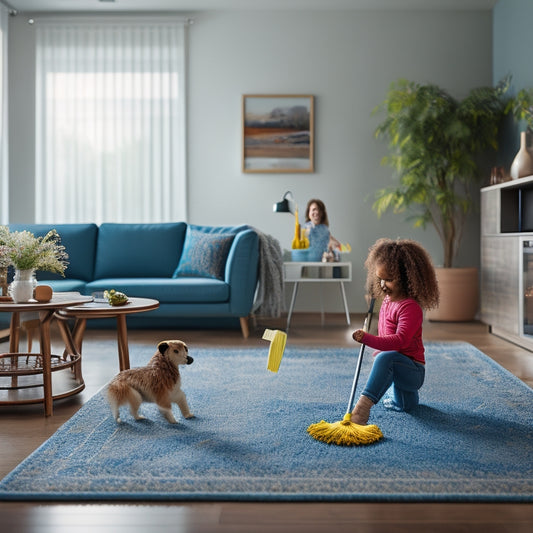 A clean and modern living room scene featuring a person holding a mop and standing on a Marley floor, with a subtle shine and a few scattered toys or furniture in the background.