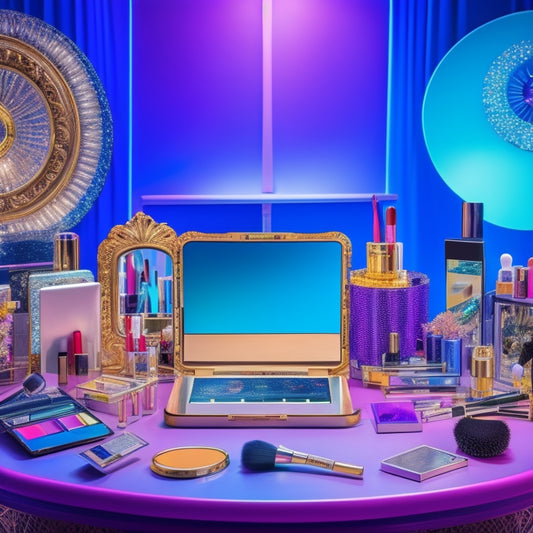 A colorful, whimsical illustration of a dancer's vanity table, cluttered with makeup brushes, palettes, and mirrors, surrounded by laptops, smartphones, and social media icons, amidst a backdrop of stage lights and curtains.