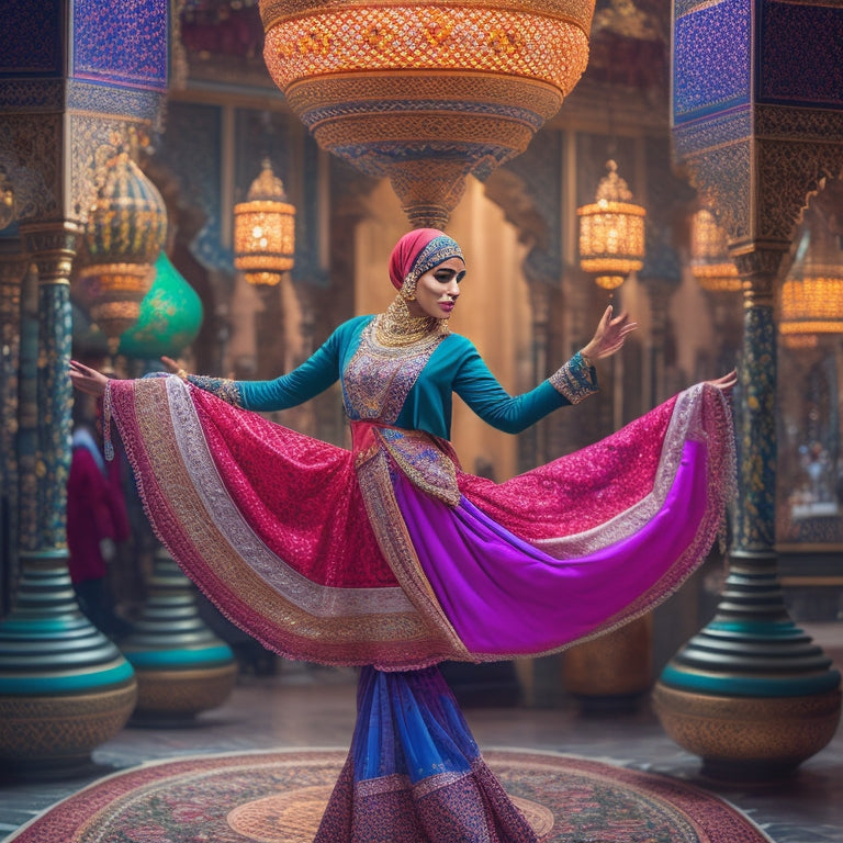 A vibrant illustration of a dancer in a flowing, intricately patterned hijab and layered skirt, surrounded by ornate lanterns and Arabic-inspired architecture, with subtle Middle Eastern instrumentation in the background.