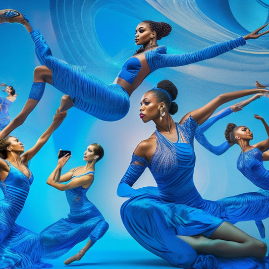 A stylized illustration of dancers in various poses, surrounded by swirling lines and shapes in shades of blue, conveying movement and connection, with smartphones and tablets in the background, subtly integrated into the dancers' attire.