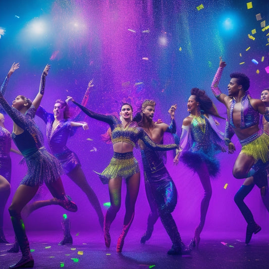 A dynamic, high-energy image featuring a diverse group of dancers in bold, neon-colored costumes, frozen in mid-air, surrounded by flashing lights and confetti, conveying a sense of excitement and innovation.