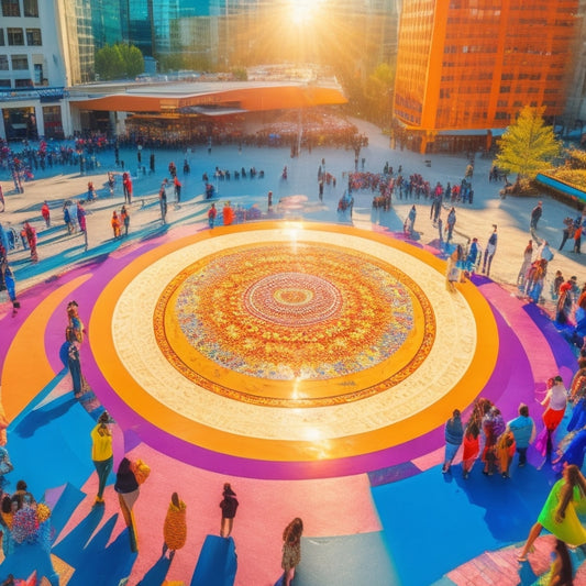 A vibrant, sunlit plaza with a large, swirling dance-inspired art installation at its center, surrounded by people of diverse ages and abilities moving in joyful celebration.