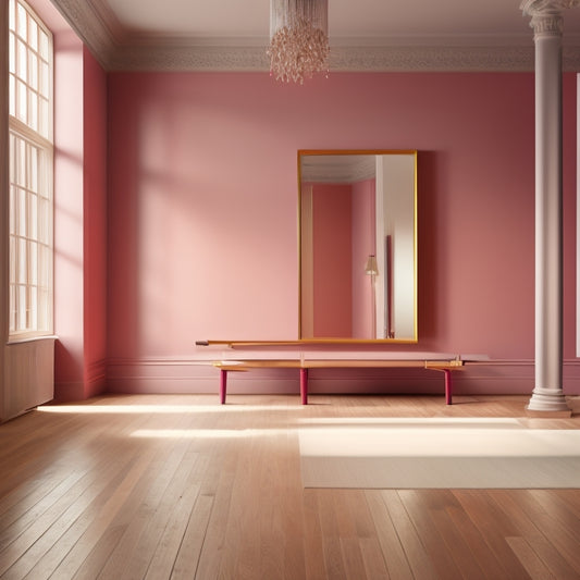 A serene, dimly lit studio with a wooden floor, featuring a lone ballet barre against a mirrored wall, and a few scattered yoga mats in pastel hues, with a single, elegant, ballet-slippered foot resting on a mat.