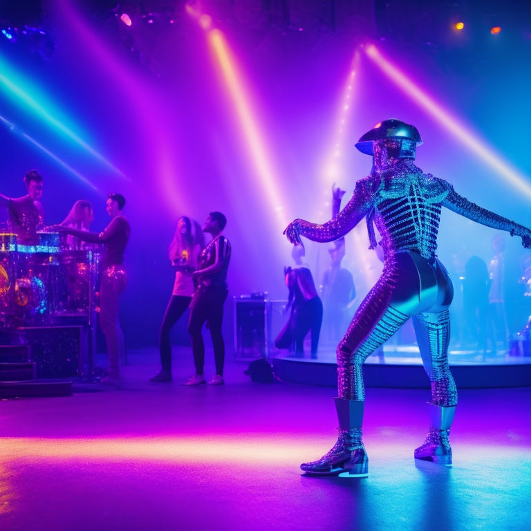 A vibrant, neon-lit dance floor scene featuring a skeleton in platform shoes and a glittering disco ball helmet, surrounded by swirling purple and green lights, and funky, geometric shapes.