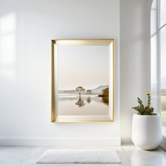 A minimalist, modern space with elegant white walls, featuring a large, ornate golden frame holding a serene, misty landscape photo print, surrounded by subtle, soft lighting and scattered droplets of water.