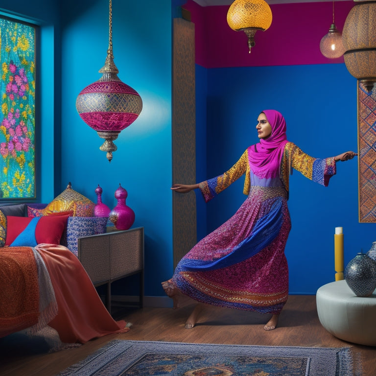 A vibrant, colorful illustration of a woman in a modern, minimalist home setting, wearing a flowing hijab and athletic attire, dancing with energetic movements, surrounded by Middle Eastern-inspired patterns and lanterns.