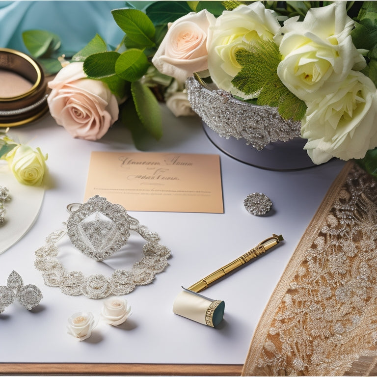 A delicate, lace-trimmed wedding veil gently flows down a sleek, modern wedding planner's desk, surrounded by neatly organized files, a sparkling diamond ring, and a few strategically placed, crisp white roses.