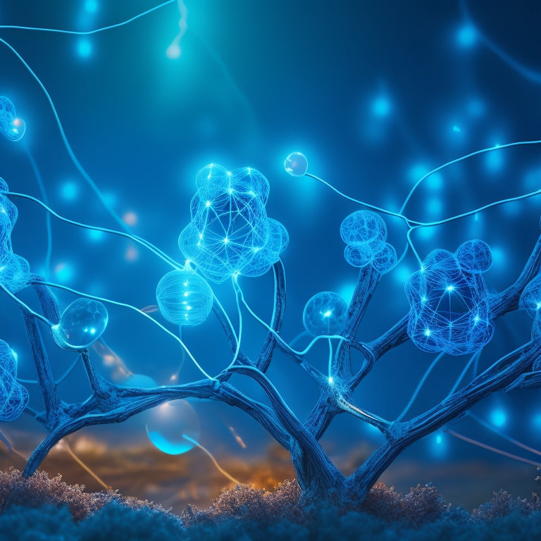 A stylized illustration of interconnected nodes, resembling a digital network, with glowing lightbulbs and growing vines, set against a warm, gradient blue background, symbolizing connection and growth.