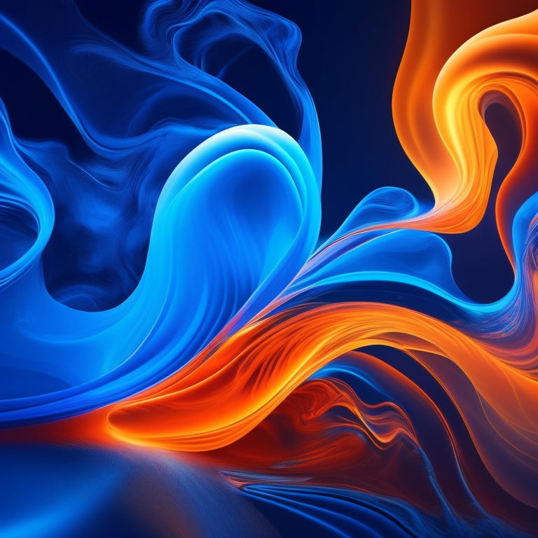 A dynamic, abstract illustration featuring swirling shapes in shades of electric blue and fiery orange, evoking the fusion of dance and technology, with wispy lines resembling choreographed movements.