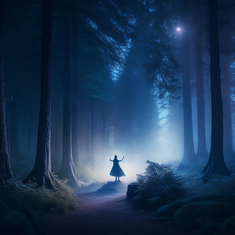 A mystical, moonlit forest scene with a silhouette of a shamanic figure dancing amidst swirling, ethereal mist, surrounded by glowing, ancient trees and twinkling, starry lights.