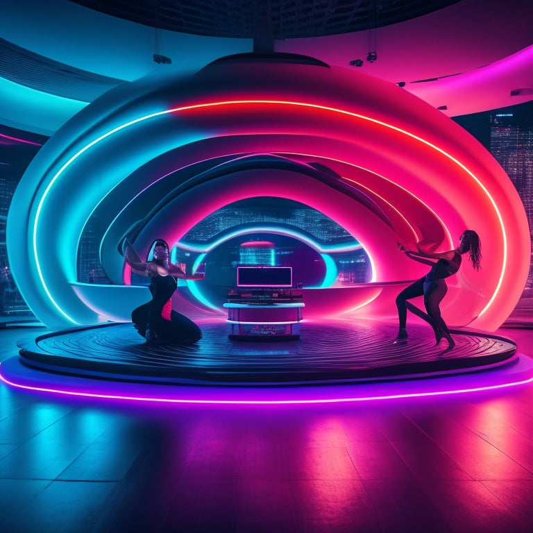 A futuristic dance studio with a laptop and smartphone in the center, surrounded by swirling dance-inspired shapes and lines, with a subtle cityscape background and a glowing neon light aura.