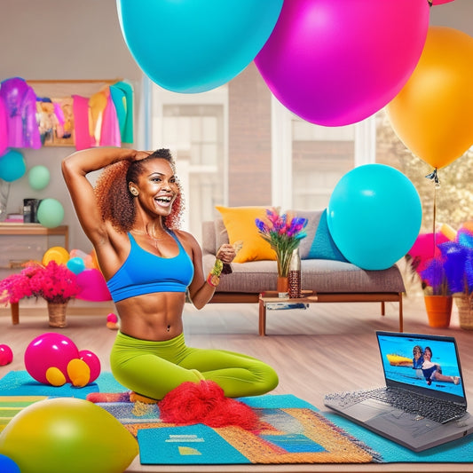 A vibrant and energetic illustration of a home workout space with a laptop, speakers, and a smiling woman in activewear, surrounded by dance-inspired props and colorful balloons.