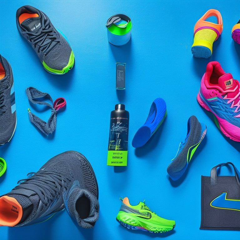 A vibrant flat lay showcasing an array of top athletic running shoes, featuring various colors and styles, alongside fitness accessories like water bottles and resistance bands, set against a textured gym floor backdrop.