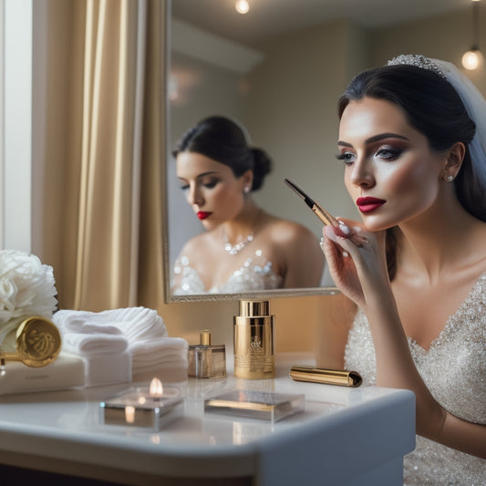 A beautifully styled, serene bride sits in front of a vanity, surrounded by soft, golden lighting, with an assortment of luxurious, waterproof makeup products and brushes scattered around her.