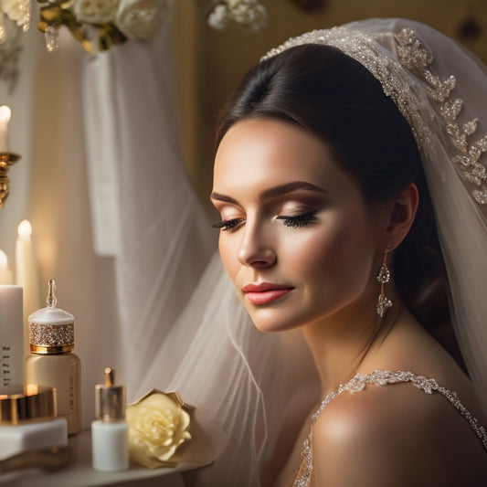 A soft, golden light illuminates a serene bride-to-be, surrounded by elegant beauty products, delicate flowers, and a stunning lace wedding veil draped over a velvet-draped vanity.