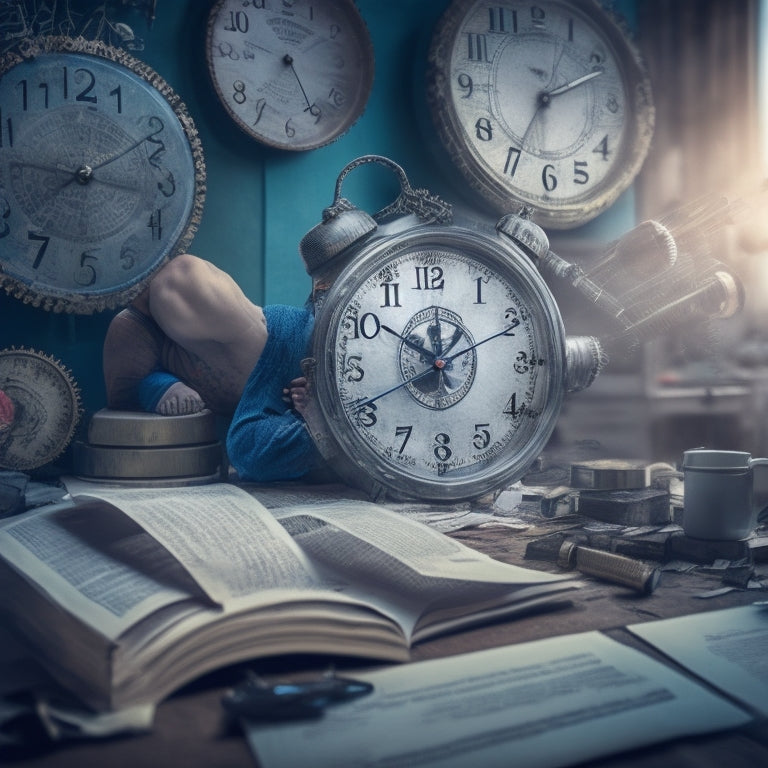 An illustration of a person stuck in a giant clock's gears, with broken clock hands and scattered papers around them, surrounded by a blurred background of task lists and deadlines.