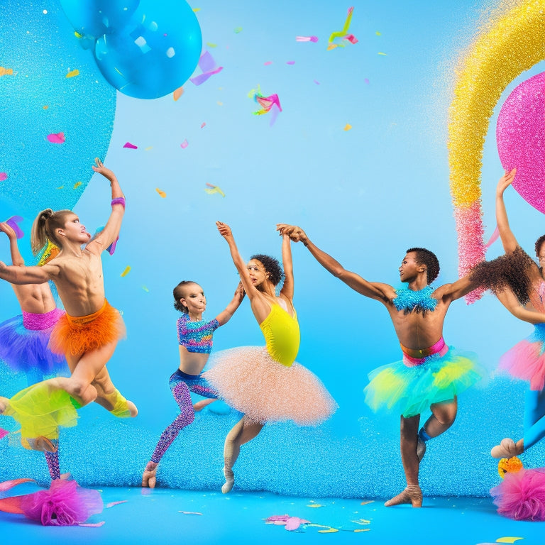 A vibrant illustration of a diverse group of young dancers and gymnasts in various poses, surrounded by colorful confetti and swirling ribbons, set against a bright, gradient blue background.