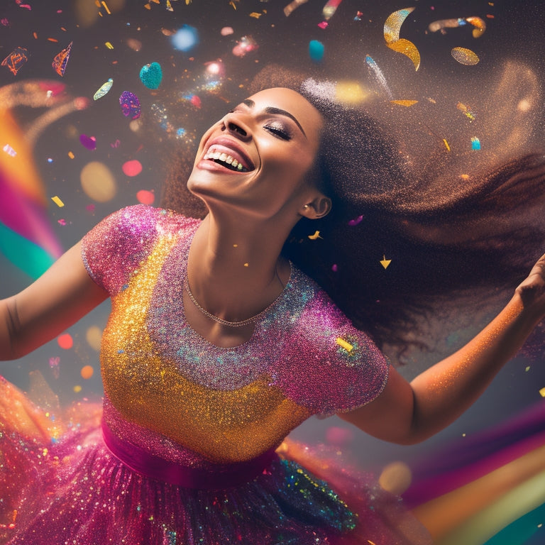 A vibrant, dynamic illustration of a young adult in mid-dance, surrounded by swirling colors and abstract shapes, with confetti and glitter accents, conveying freedom and joy.