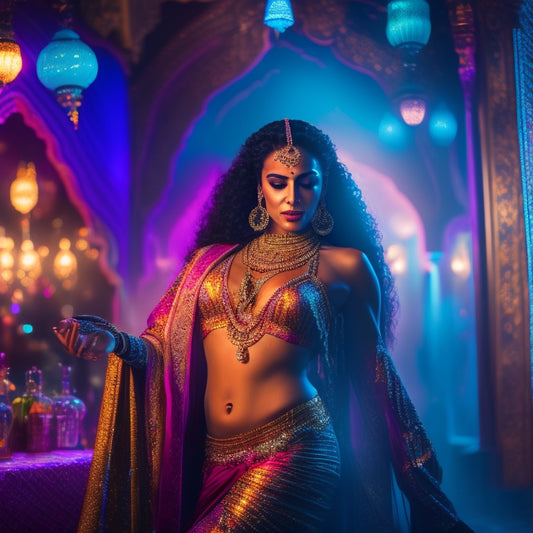 A vibrant, glowing belly dancer in a dark, misty atmosphere, surrounded by neon lights, swirling fabrics, and mesmerizing patterns, with a hint of Middle Eastern architecture in the background.