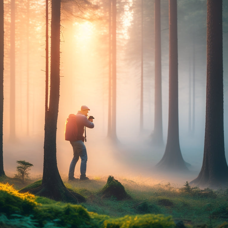 A serene forest landscape at dawn, with a photographer kneeling, capturing a subject in soft, warm light, surrounded by misty fog, with a blurred, bokeh background of trees and foliage.