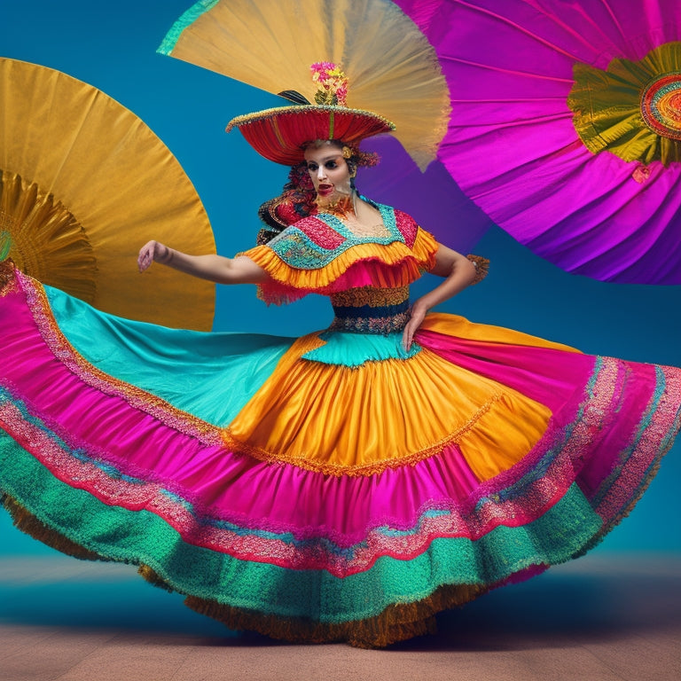 A colorful illustration of a Spanish folk dancer in mid-twirl, surrounded by swirling skirts, castanets, and traditional fans, set against a vibrant, gradient background of turquoise, orange, and yellow.