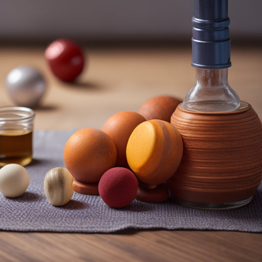 A close-up of a dancer's foot, with toes splayed, surrounded by foot rollers, massage balls, and a bottle of oil, set against a soft, muted background.