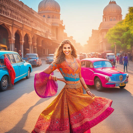 A vibrant, sun-kissed illustration of Allison Holker dancing in traditional Indian attire amidst Delhi's bustling streets, surrounded by colorful autos, spices, and intricate architecture.