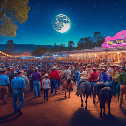 A vibrant illustration depicting a lively night scene in Lilydale, with a sea of people dancing in unison, cowboy hats and boots abundant, under a starry sky with a full moon shining bright.