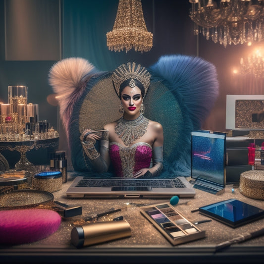 A stylized illustration of a dancer in a glamorous costume, surrounded by makeup brushes, lipsticks, and compacts, with a laptop and smartphone nearby, all set against a glamorous, spotlit stage backdrop.