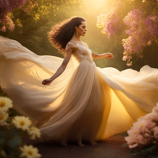 A warm-toned, serene illustration featuring a woman in a flowing, silky dress, arms outstretched, and one leg bent in a gentle, fluid dance pose, surrounded by soft, golden light and delicate flowers.