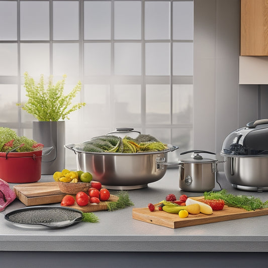 A sleek kitchen countertop showcasing a variety of full-size steamers, featuring polished stainless steel and colorful accents, surrounded by neatly pressed garments, steam rising, and a vibrant plant in the background.