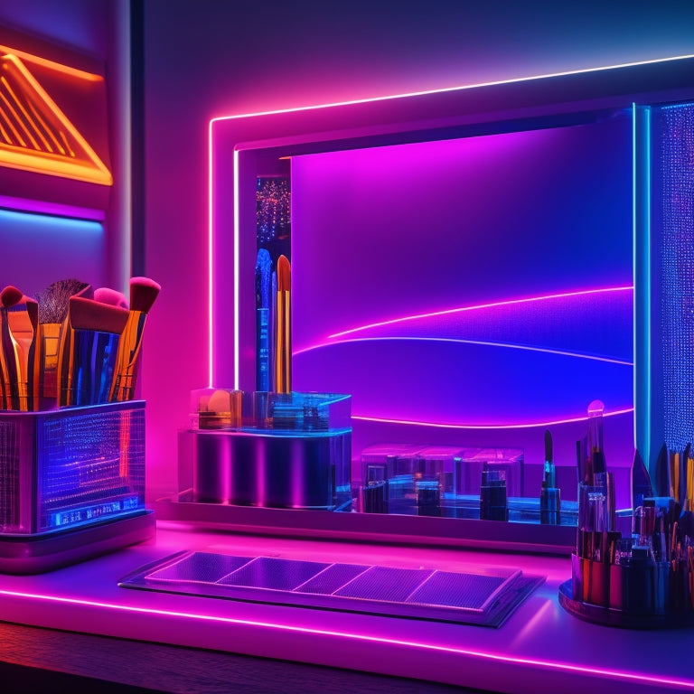 A vibrant, futuristic dashboard with neon-lit graphs, rising charts, and glowing digital screens, surrounded by makeup brushes, lipsticks, and mirrors, set against a dark, glittering background.