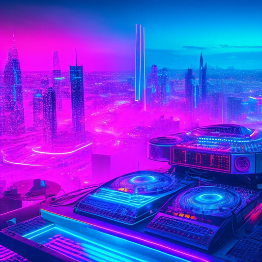 A futuristic, neon-lit cityscape at dusk, with a giant DJ console and flashing speakers in the foreground, surrounded by holographic music notes and swirling lights in shades of pink, blue, and green.