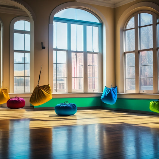 A vibrant dance studio filled with colorful tote bags, each showcasing different dance styles. Sunlight streams through large windows, illuminating a wooden floor where dancers practice in motion, creating a dynamic and energetic atmosphere.