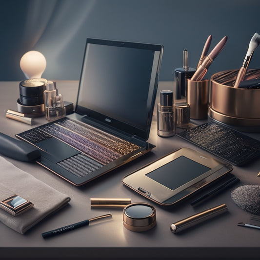 A stylized illustration of a makeup artist's workspace, featuring a sleek laptop, smartphone, and tablet, surrounded by makeup brushes, palettes, and mirrors, with subtle digital elements like glowing screens and minimalist icons.