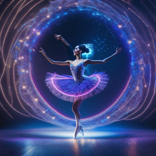 A stylized illustration of a dancer in mid-pirouette, surrounded by swirling digital elements, such as glowing circuits, Wi-Fi signals, and tiny screens displaying dance videos.