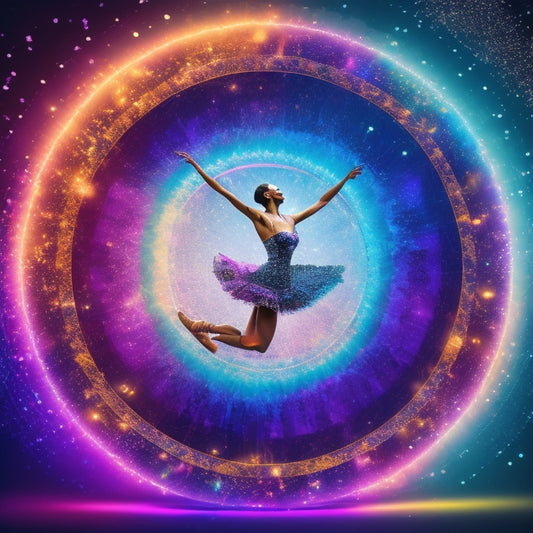 A stylized illustration of a dancer (silhouetted or in motion) surrounded by digital elements (laptops, smartphones, tablets, and social media icons) in a kaleidoscope of colors, with subtle glow effects.