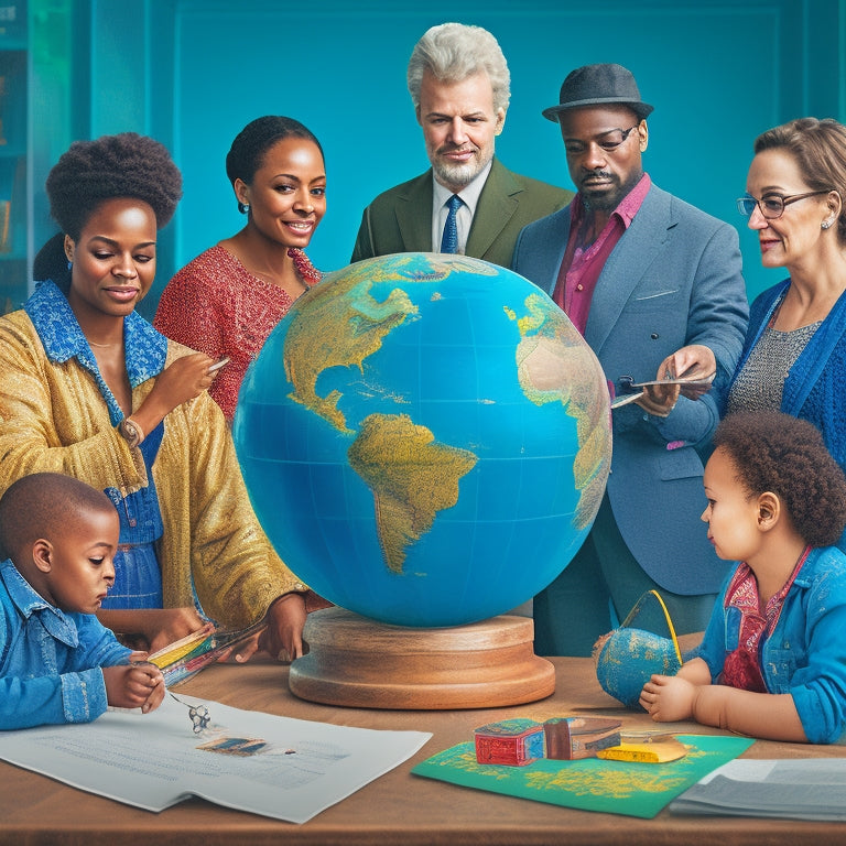 An illustration of diverse teachers surrounded by symbols and objects representing their specializations, such as a musical note for music, a painter's palette for art, and a globe for geography.