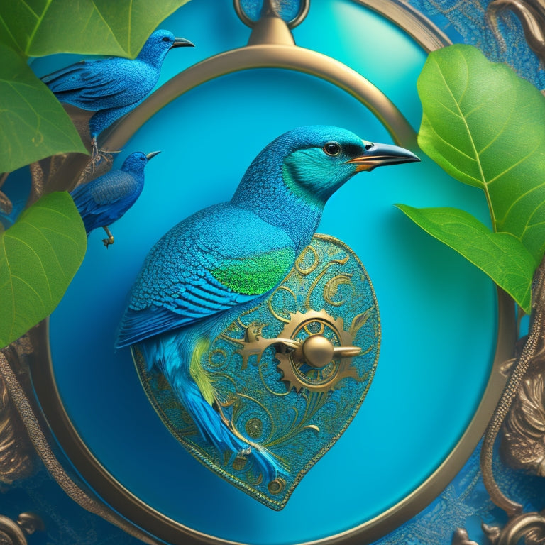 A stylized, metallic padlock with a flying bird emerging from it, surrounded by abstract, swirling patterns of blue and green, conveying freedom and professional growth.