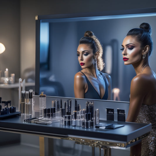 A glamorous, spotlit dancer in a sleek, modern dance studio, surrounded by mirrors and ballet bars, with a tablet displaying a makeup tutorial video, and a makeup station with brushes and products nearby.