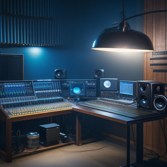 A darkened recording studio with a spotlight shining on a mixing console, surrounded by headphones, microphones, and music sheets, with a subtle gradient of sound waves in the background.