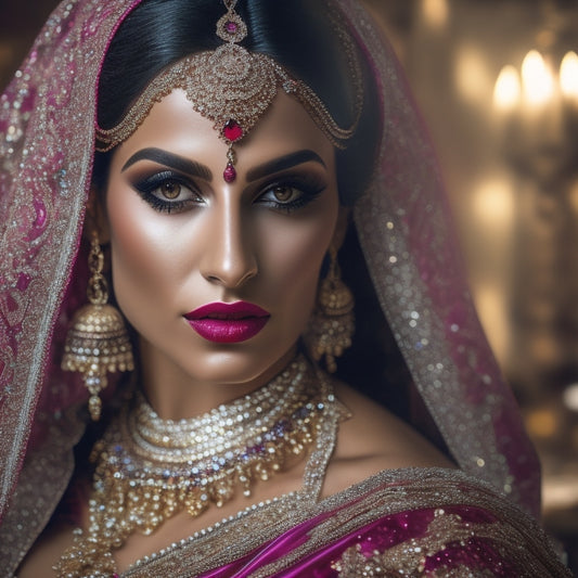 A mesmerizing belly dancer with intricate, bejeweled costume and flowing veil, surrounded by ornate mirrors and golden accents, with a dramatic, smoky eye and bold, crimson lips.