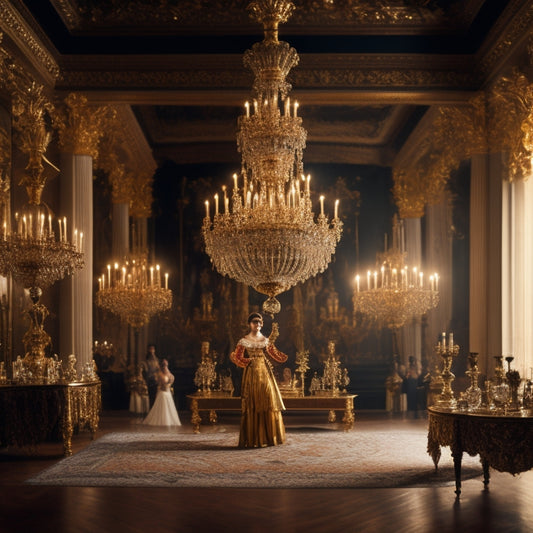 A lavish, gold-lit ballroom with a grand chandelier, a solitary figure of Louis De La Coste in 17th-century attire, dancing with a Baroque trumpet in hand, surrounded by ornate mirrors and candelabras.